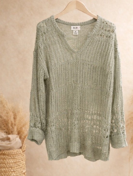 BiBi Sweaters - BiBi Sage Green Open Knit Sweater M Boho Lightweight Crochet Pullover